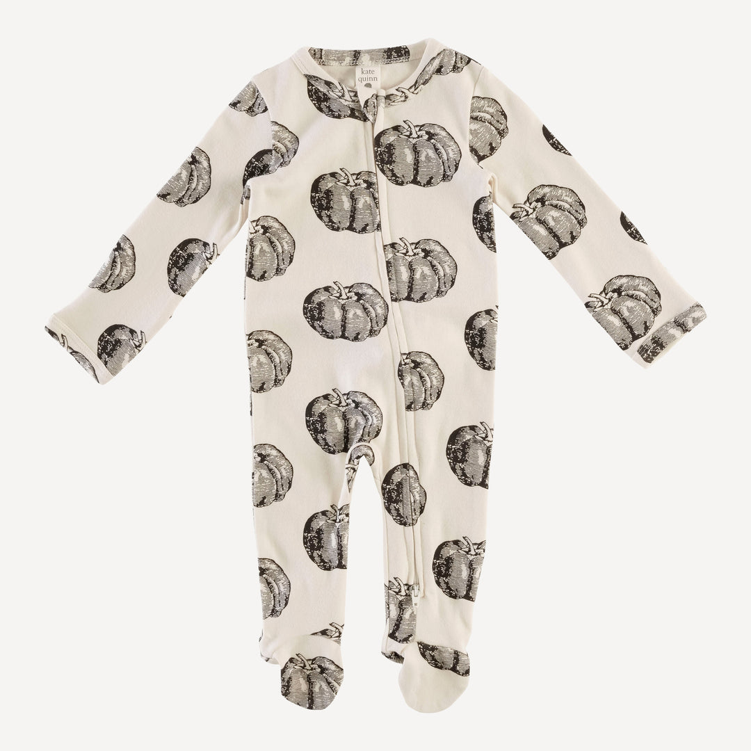 long sleeve two way zipper footie | black harvest pumpkin | organic cotton interlock