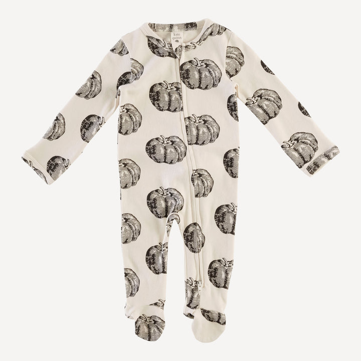 long sleeve two way zipper footie | black harvest pumpkin | organic cotton interlock