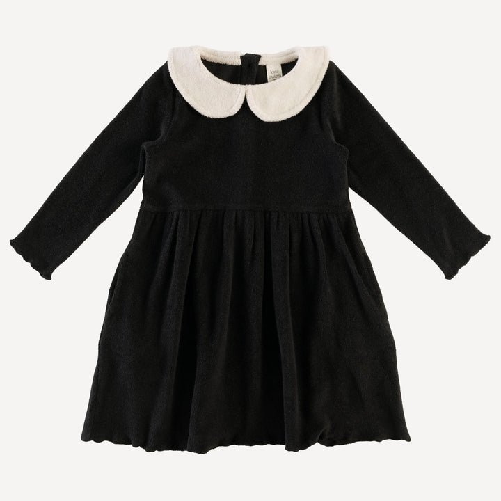 long sleeve lettuce peter pan dress | black | organic cotton terry