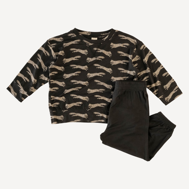 long sleeve boxy topstitch tee and relaxed jogger set | black jumping fox | lenzing modal