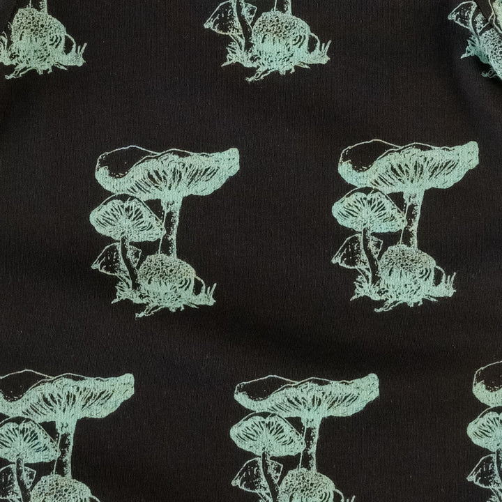 short sleeve sport union suit | black mushroom snail | organic cotton interlock