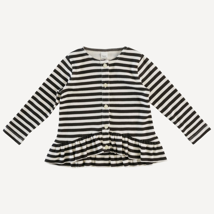 long sleeve ruffle button top | black stripe | organic cotton interlock