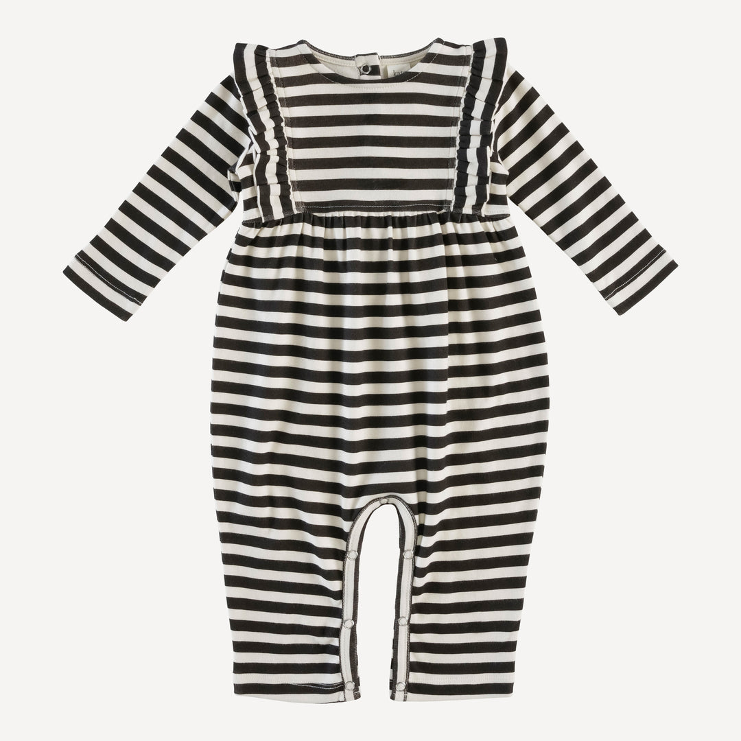 long sleeve ruffle gathered jumpsuit | black stripe | organic cotton interlock