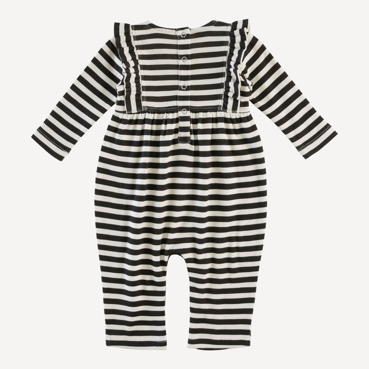 long sleeve ruffle gathered jumpsuit | black stripe | organic cotton interlock