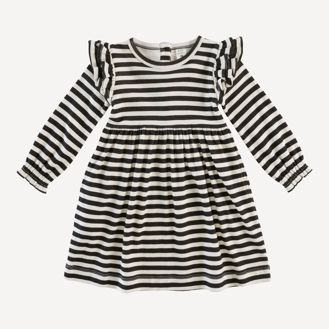 long sleeve double ruffle dress | black stripe | organic cotton interlock