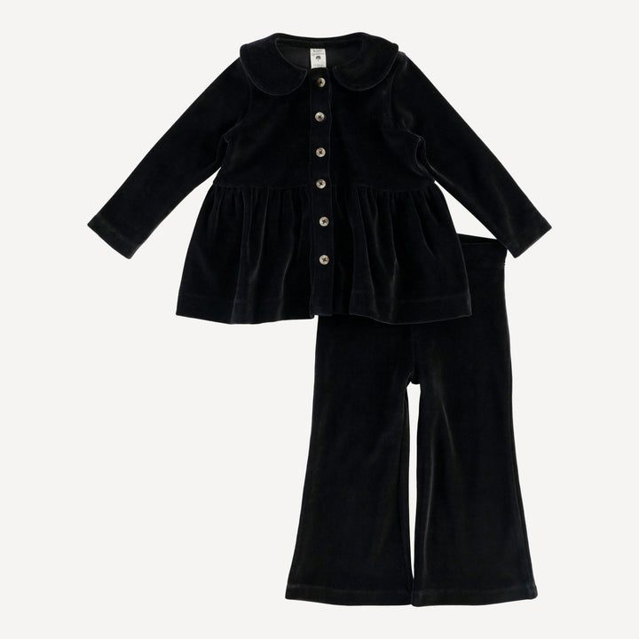 long sleeve peter pan top and flare pant set | black | organic cotton velour