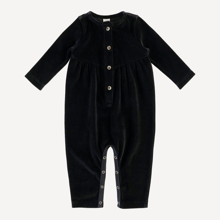 long sleeve button front v-waist jumpsuit | black | organic cotton velour