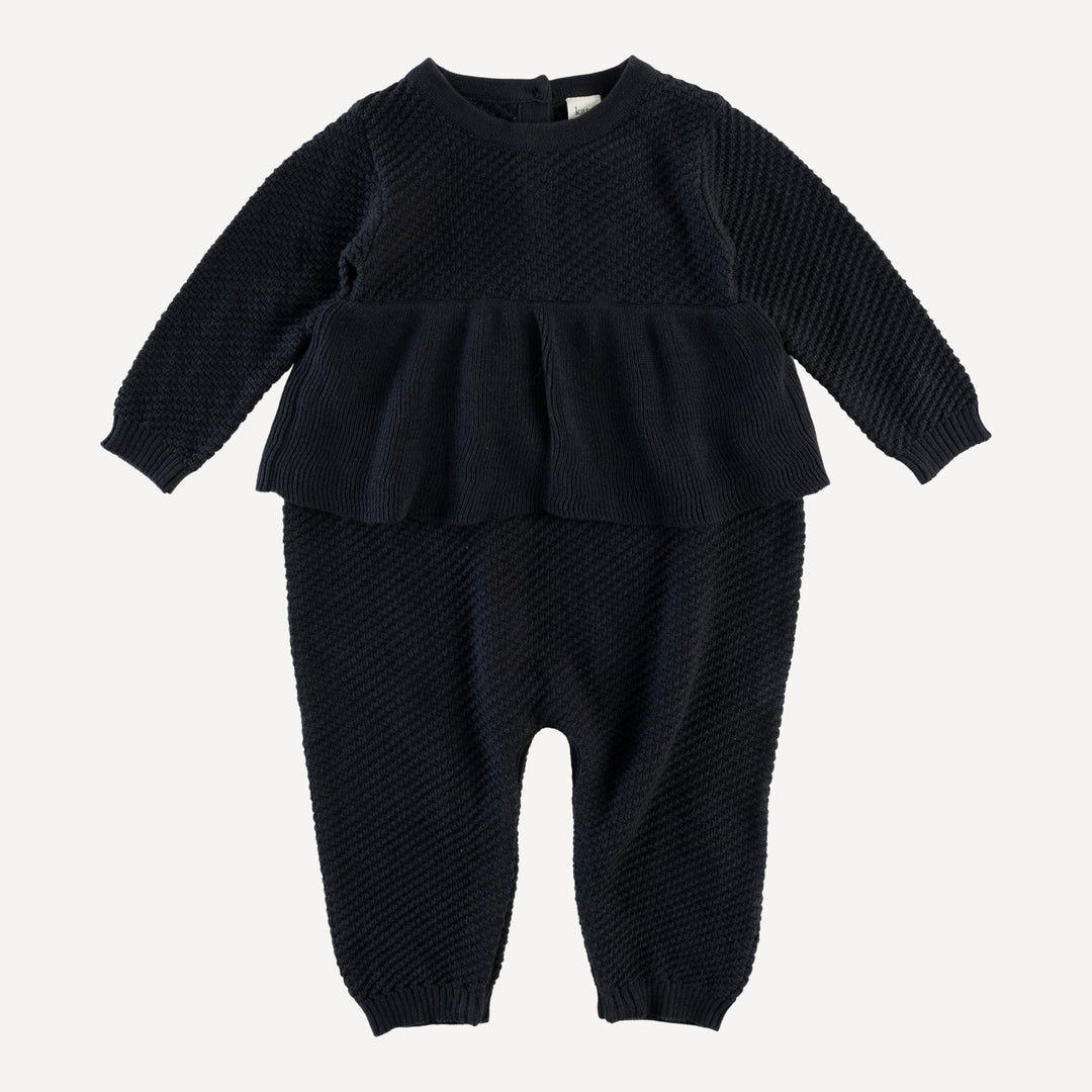 long sleeve ruffle sweater jumpsuit | black | organic cotton moss knit