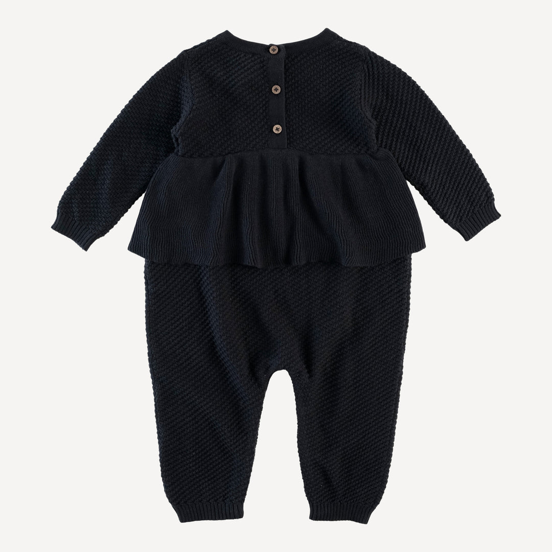 long sleeve ruffle sweater jumpsuit | black | organic cotton moss knit