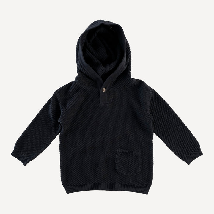 long sleeve hooded pocket sweater | black | organic cotton moss knit