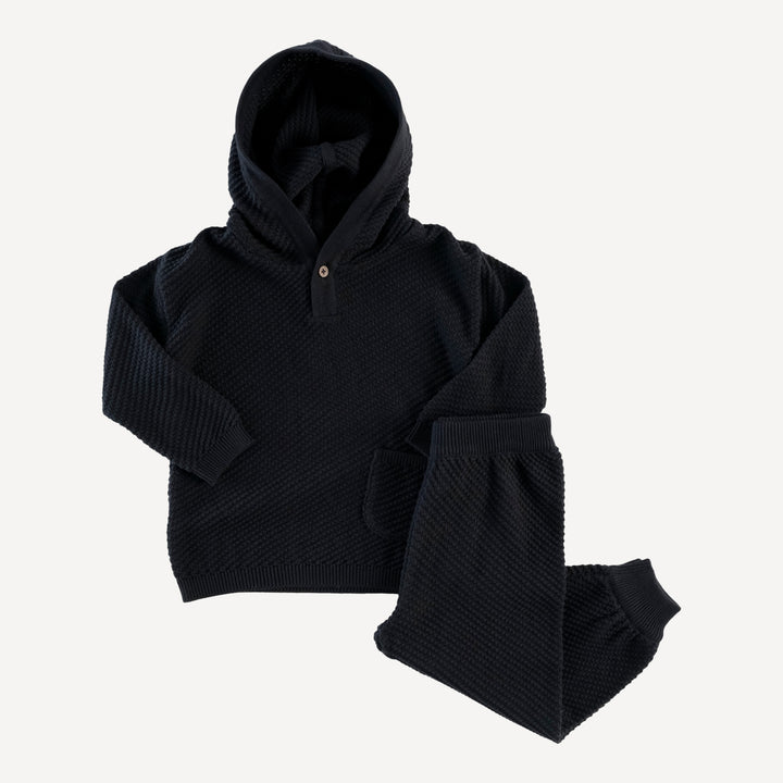 long sleeve hoodie + relaxed jogger sweater set | black | organic cotton moss knit