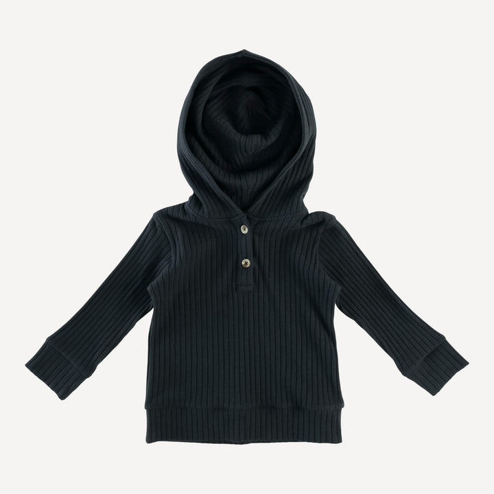 long sleeve henley hoodie | black | organic cotton wide rib