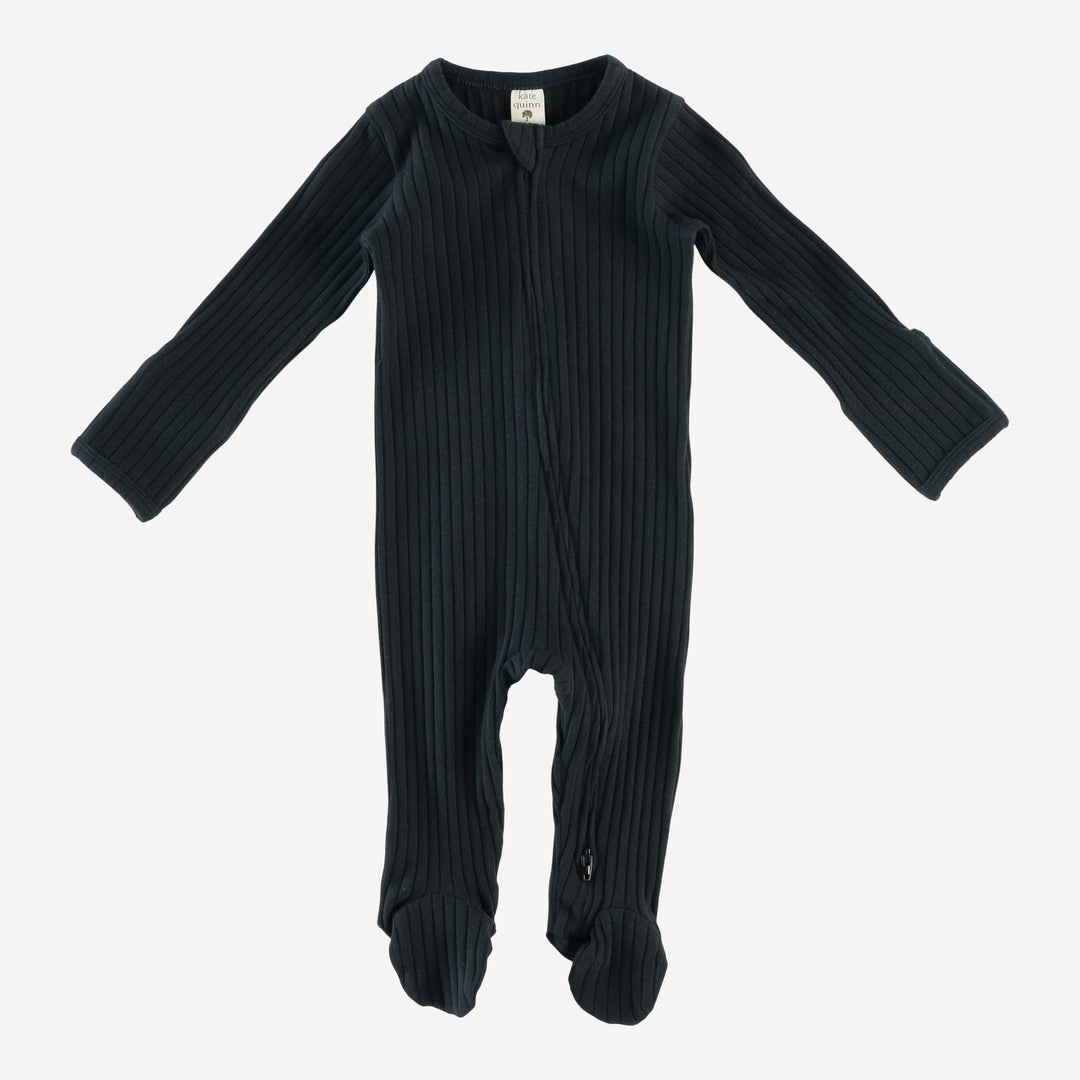 long sleeve zipper footie | black | organic cotton wide rib