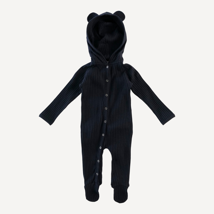long sleeve bear footie | black | organic cotton wide rib