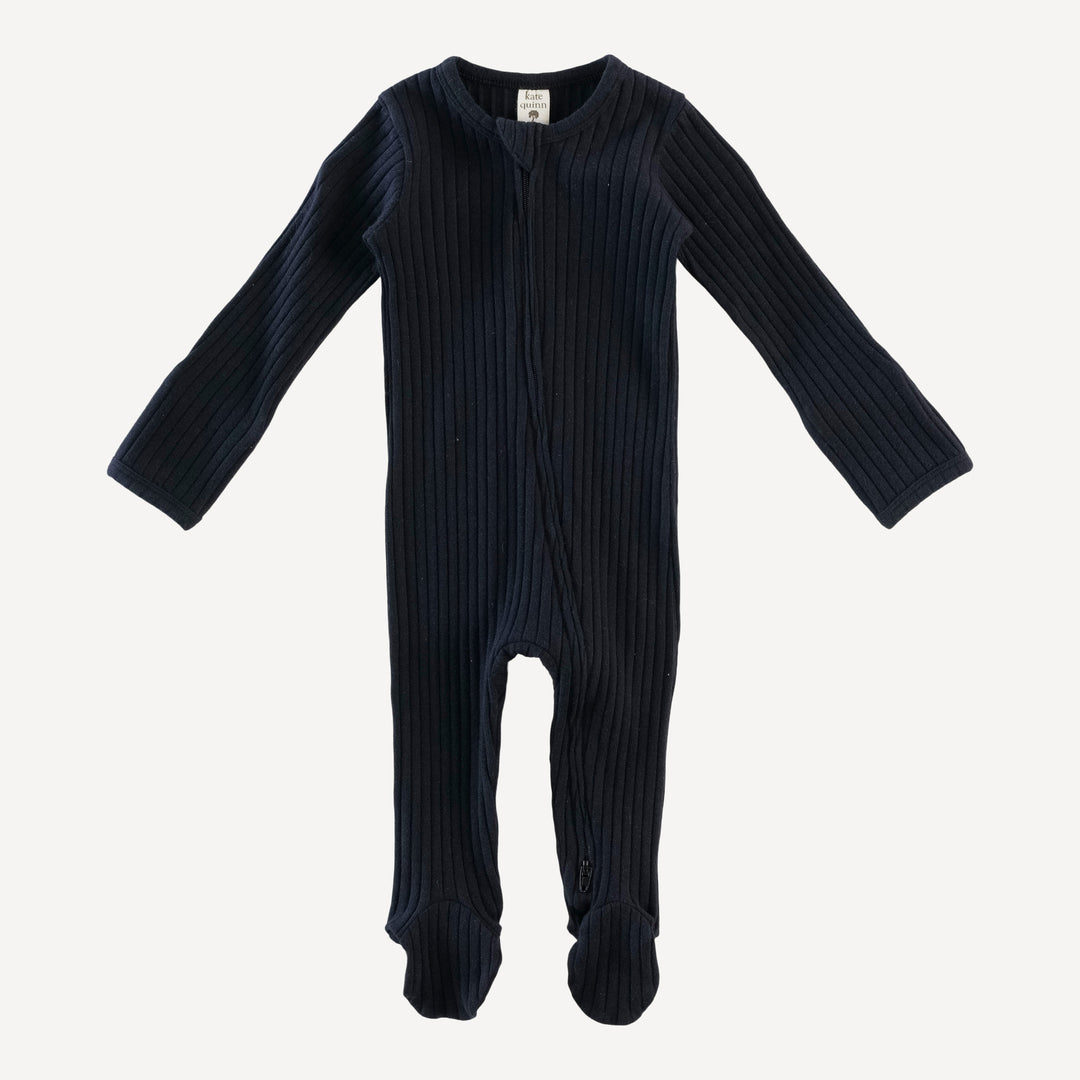 long sleeve two way zipper footie | black | organic cotton wide rib