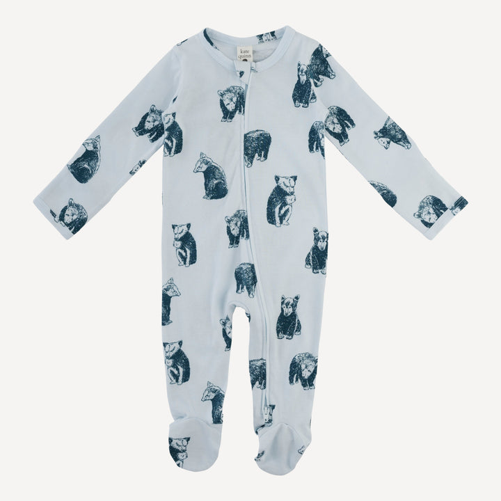 long sleeve two way zipper footie | blue bear cubs | organic cotton jersey
