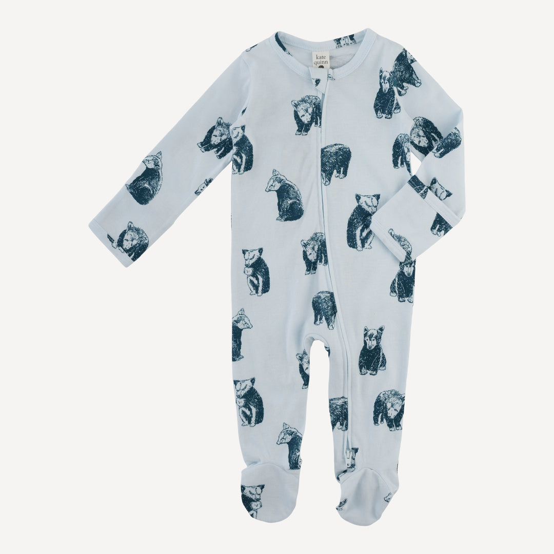 long sleeve two way zipper footie | blue bear cubs | organic cotton jersey