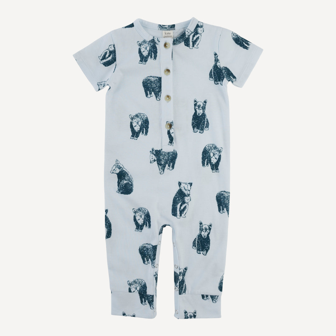 short sleeve sport union suit | blue bear cubs | organic cotton jersey