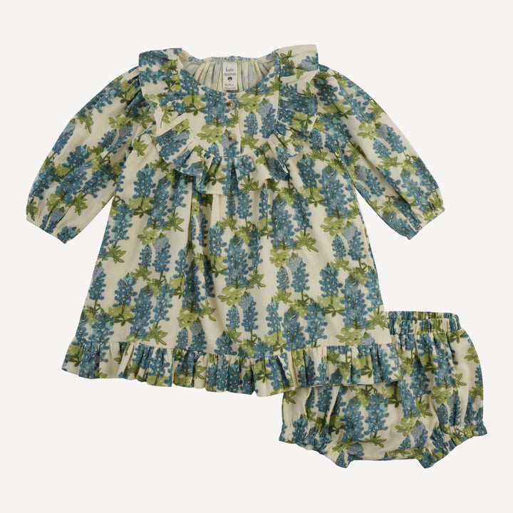 long sleeve ruffle button yoke dress + bloomer set | blue bonnets | organic cotton gauze