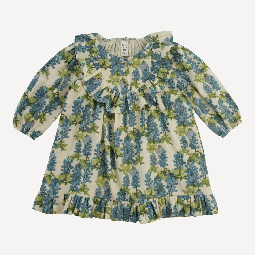long sleeve ruffle button yoke dress + bloomer set | blue bonnets | organic cotton gauze