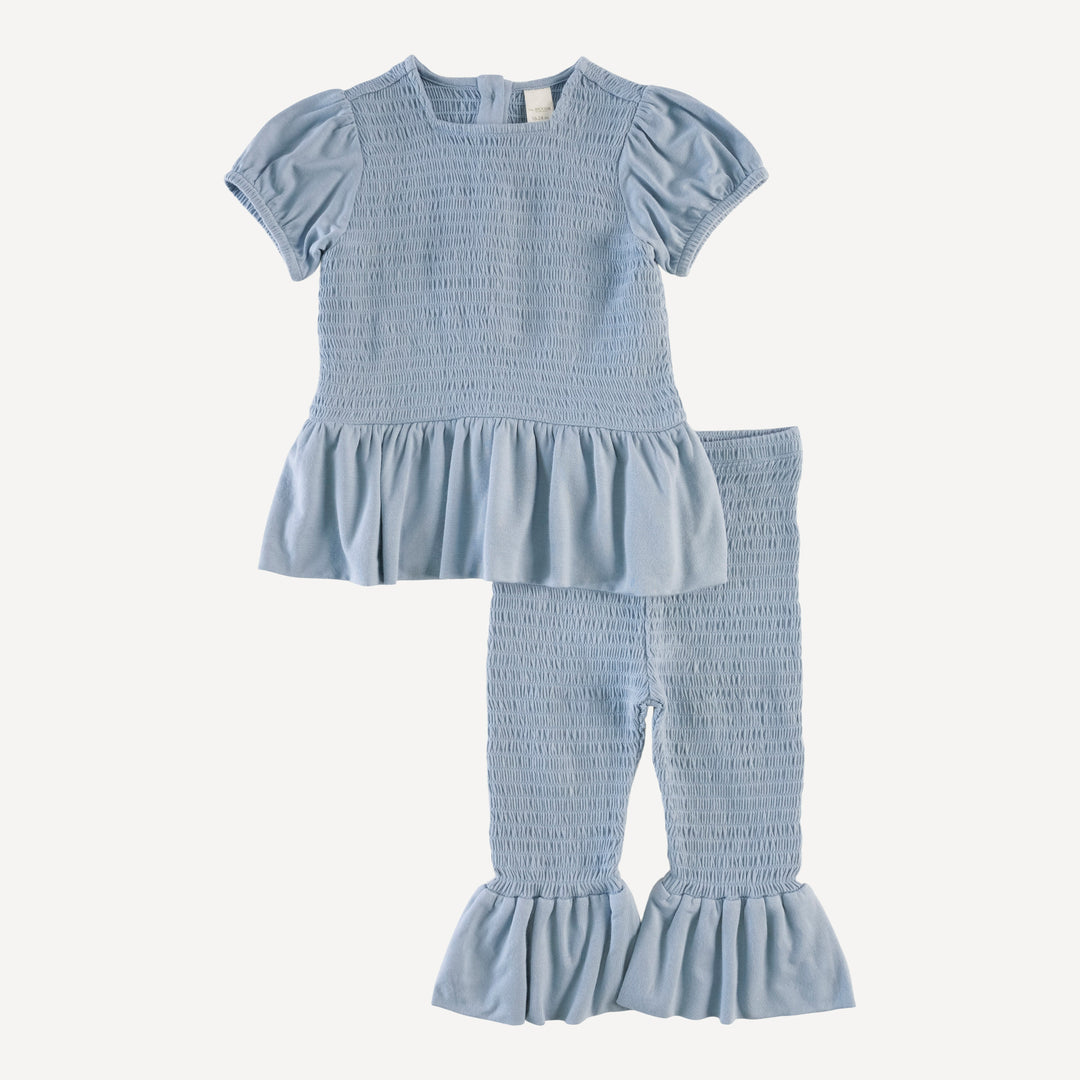 short sleeve smocked ruffle top and pant set | blue caspian | modal