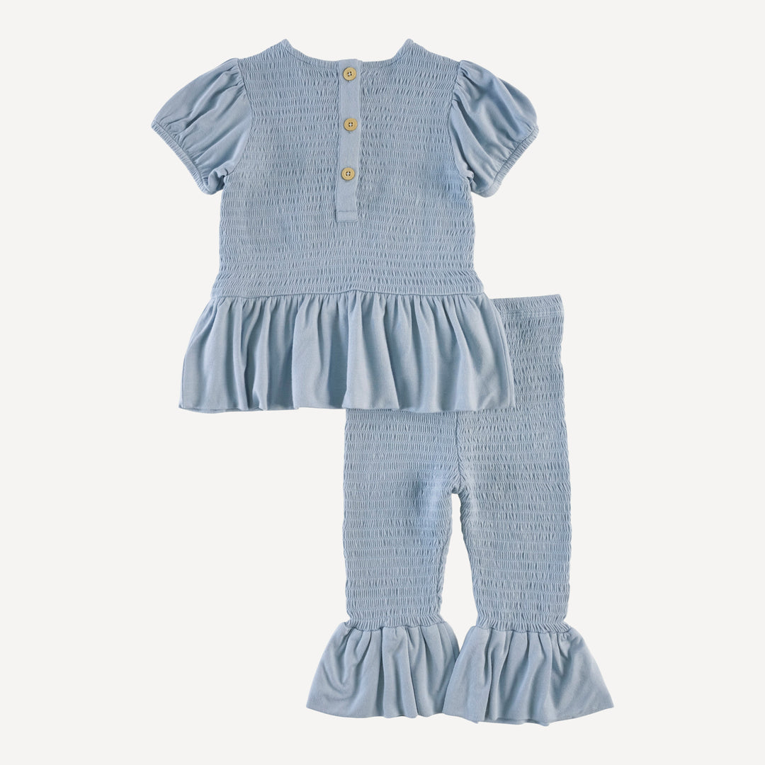 short sleeve smocked ruffle top and pant set | blue caspian | modal