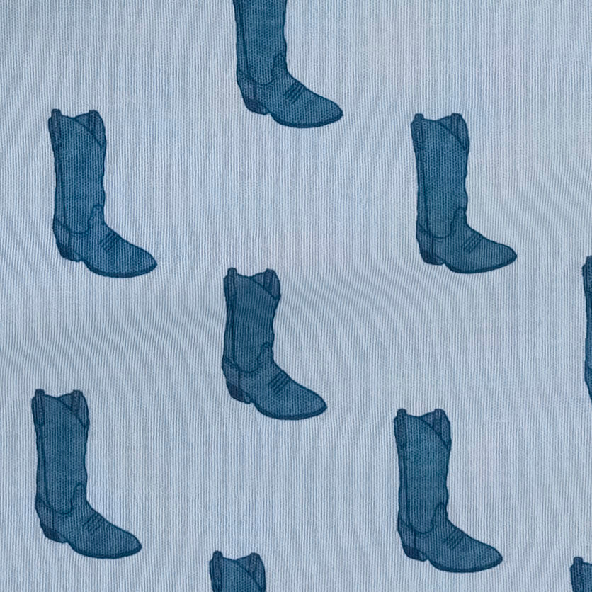 long sleeve button front v-waist top | blue cowboy boot | organic cotton interlock
