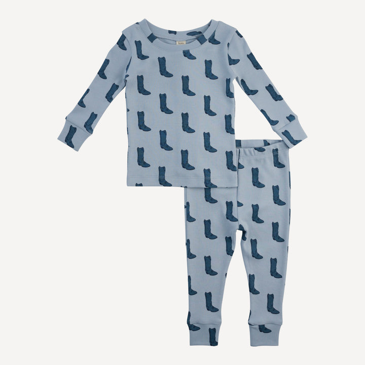 long sleeve crew neck pj set | blue cowboy boot | organic cotton interlock