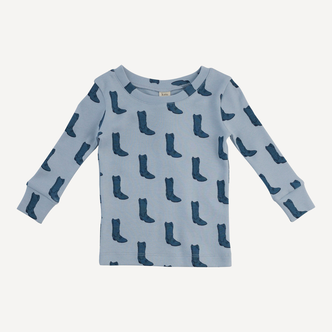 long sleeve crew neck pj set | blue cowboy boot | organic cotton interlock