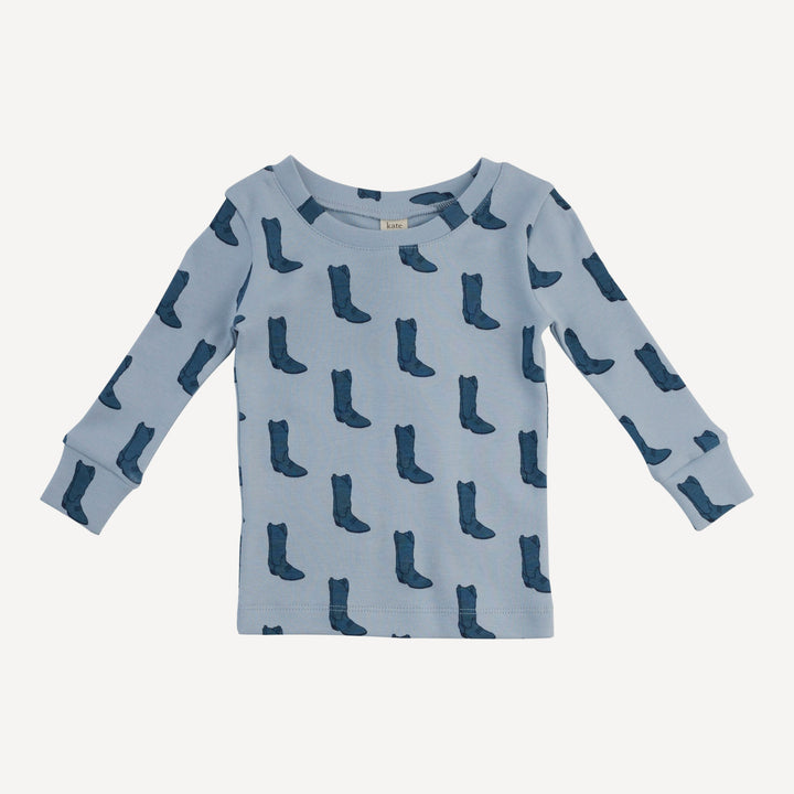 long sleeve crew neck pj set | blue cowboy boot | organic cotton interlock