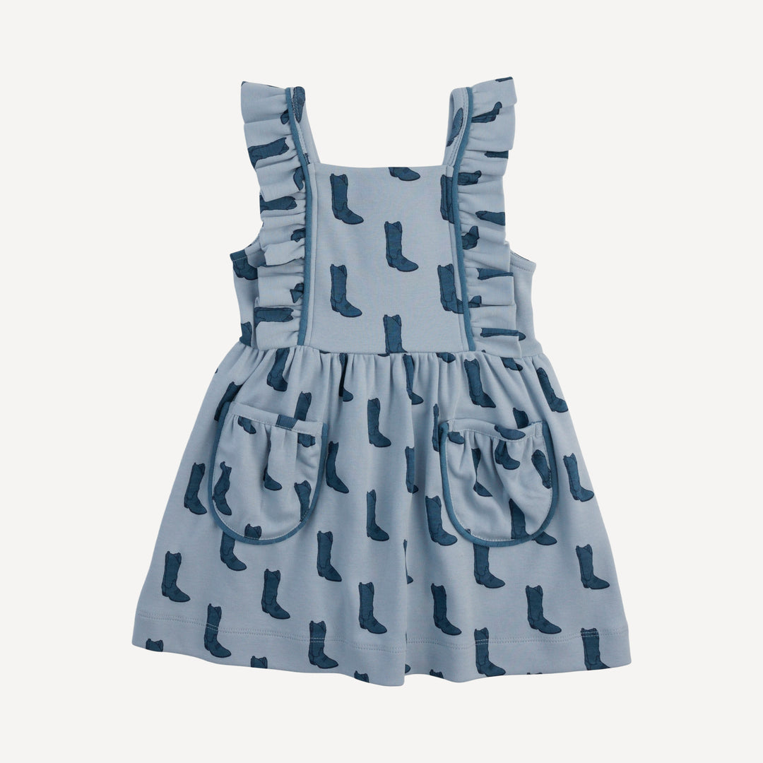 piped flutter pinafore pocket dress | blue cowboy boot | organic cotton interlock