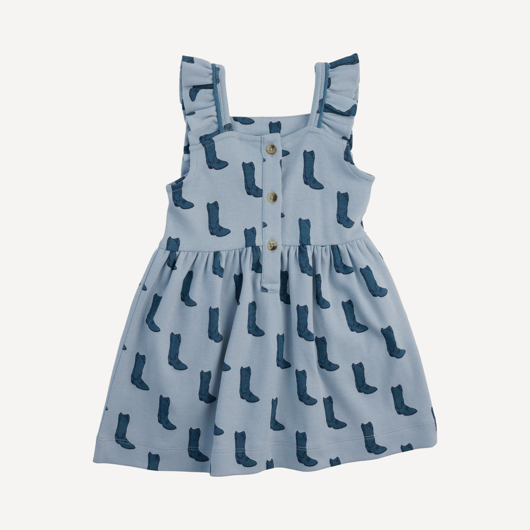 piped flutter pinafore pocket dress | blue cowboy boot | organic cotton interlock