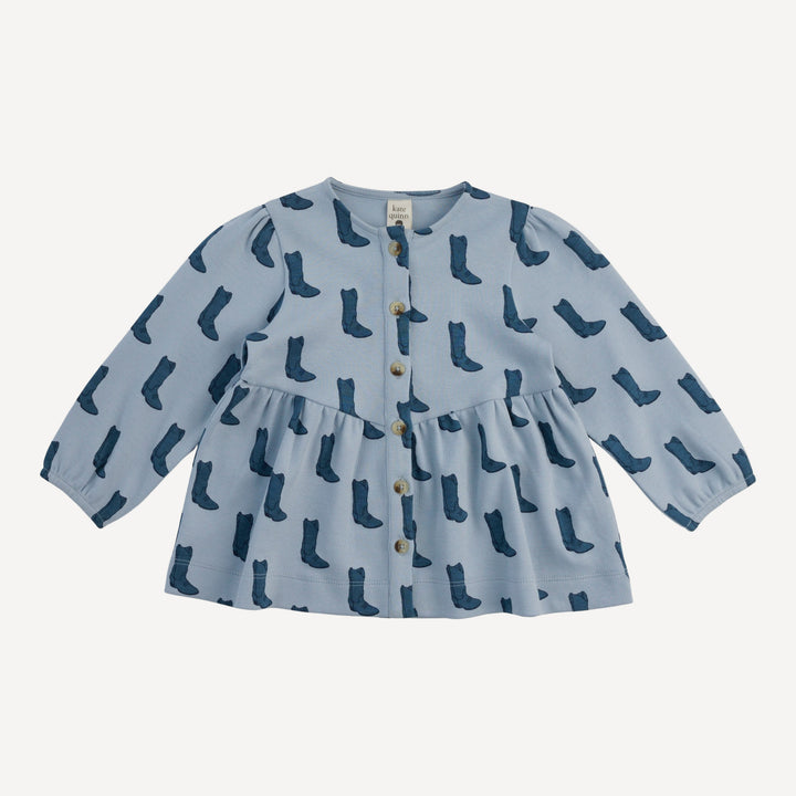 long sleeve button front v-waist top | blue cowboy boot | organic cotton interlock