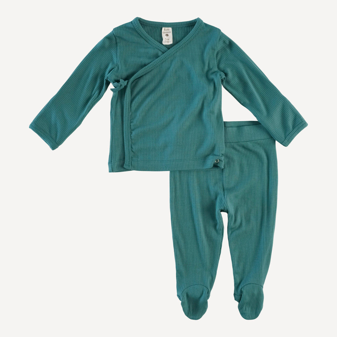 long sleeve wrap top and footed pant set | blue cypress | modal skinny rib