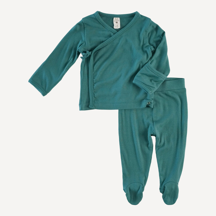 long sleeve wrap top and footed pant set | blue cypress | modal skinny rib