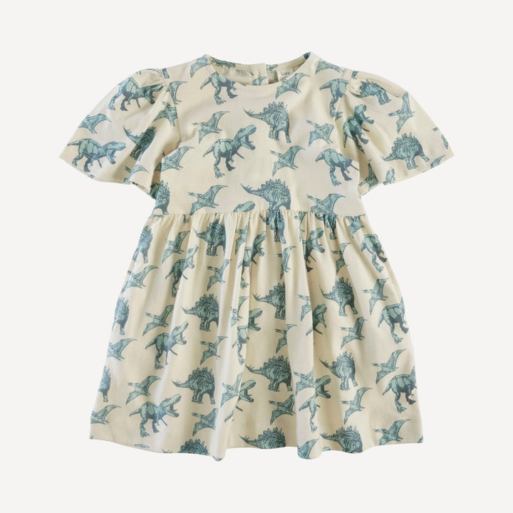 bell sleeve dress | blue dinosaurs | organic cotton jersey