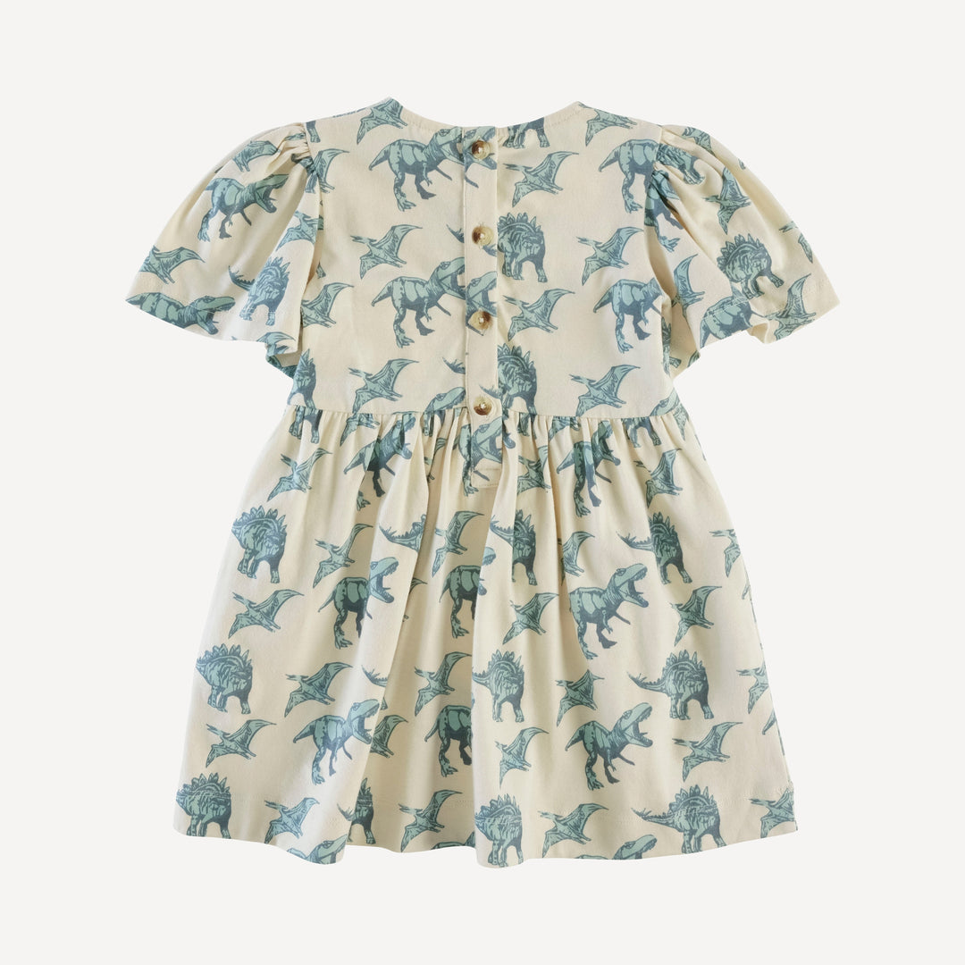 bell sleeve dress | blue dinosaurs | organic cotton jersey