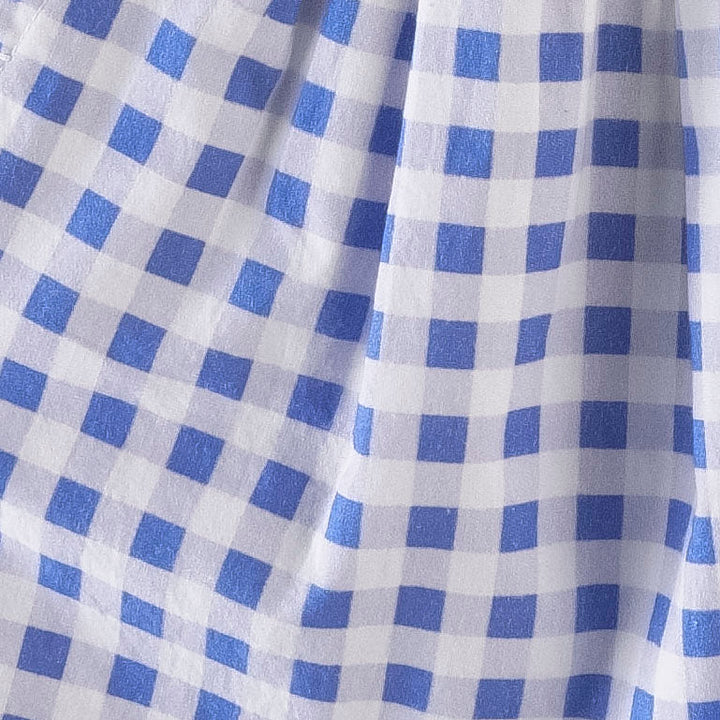 ruffle pocket overall dress | blue gingham | organic cotton mid-weight woven