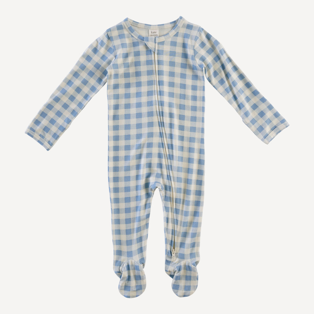 long sleeve two way zipper footie | blue gingham | bamboo