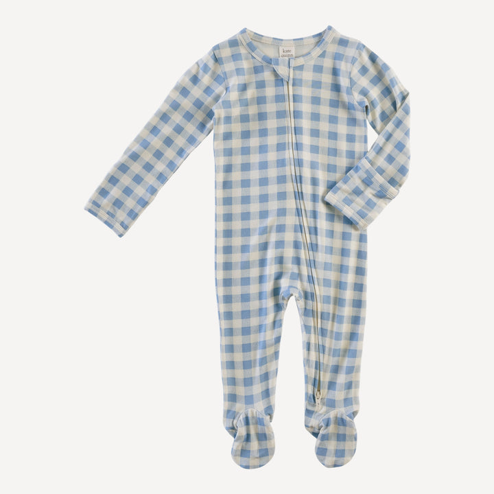 long sleeve two way zipper footie | blue gingham | bamboo