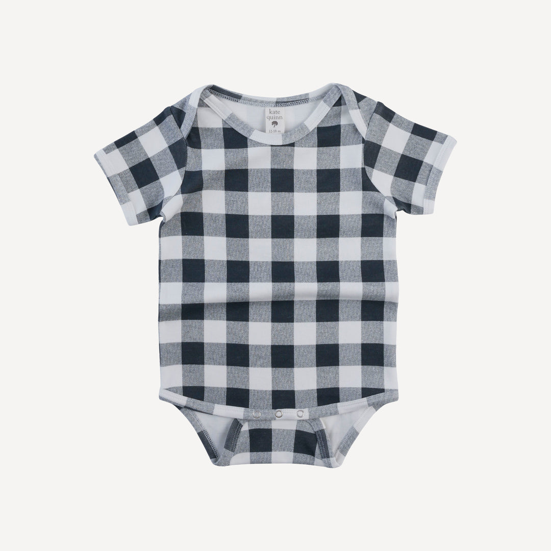 short sleeve lap neck bodysuit | blue gingham | organic cotton interlock