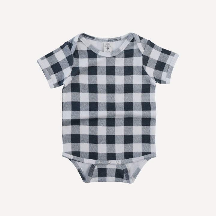 short sleeve lap neck bodysuit | blue gingham | organic cotton interlock