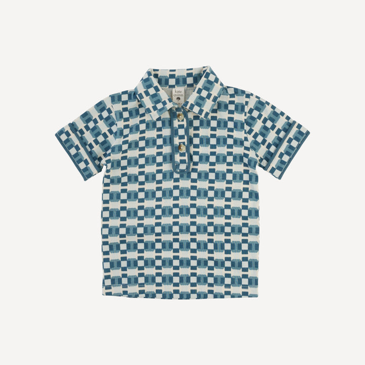 short sleeve piped polo tee | blue graphic | organic cotton jersey