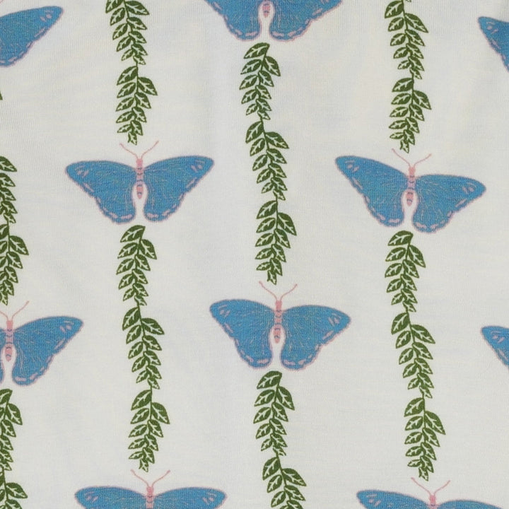 long sleeve two way zipper footie | blue-green butterfly vine | bamboo