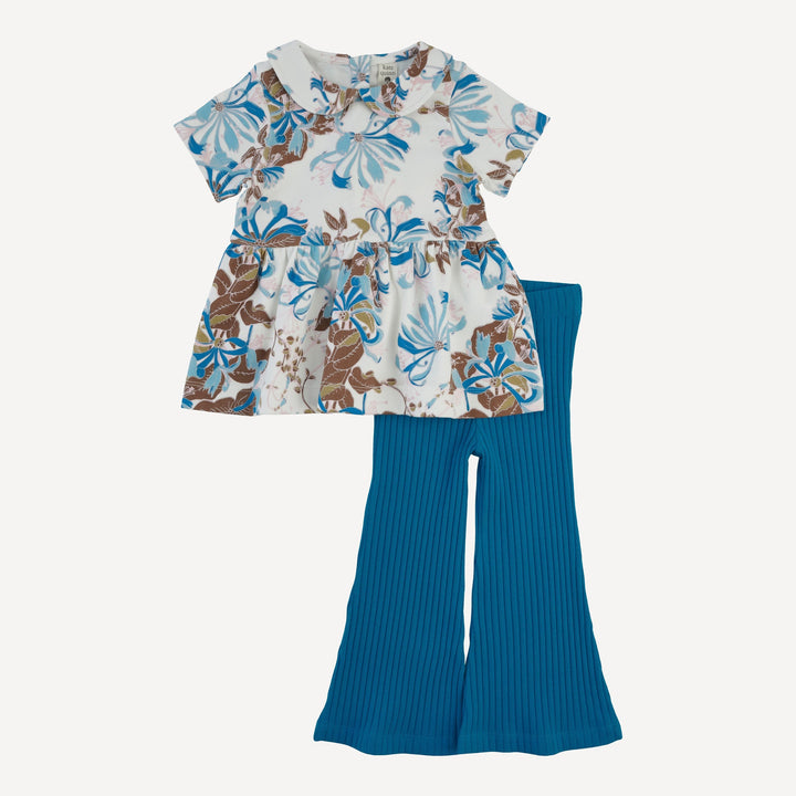 short sleeve peter pan top + flare pant set | blue honeysuckle | organic cotton interlock