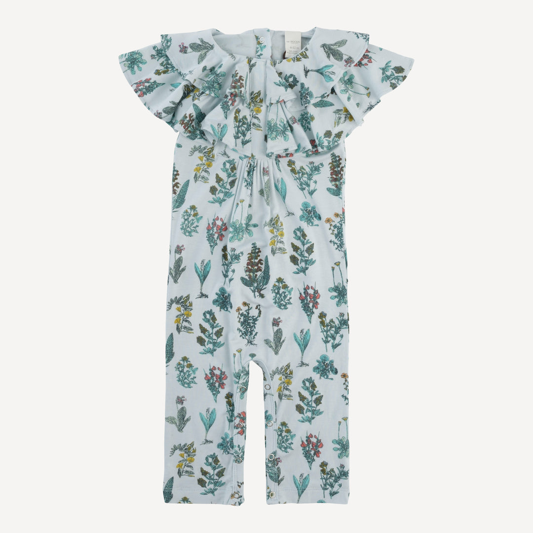 sleeveless double ruffle neck jumpsuit | blue litho floral | modal