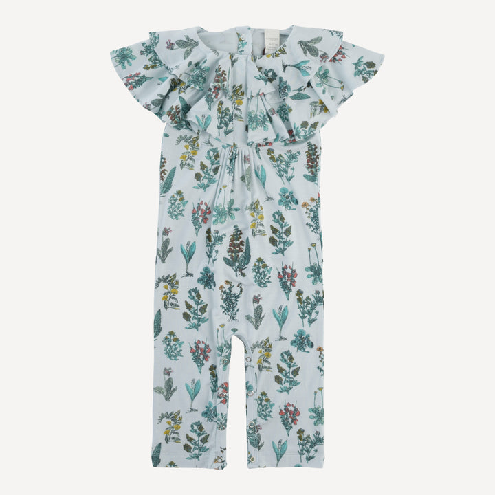 sleeveless double ruffle neck jumpsuit | blue litho floral | modal