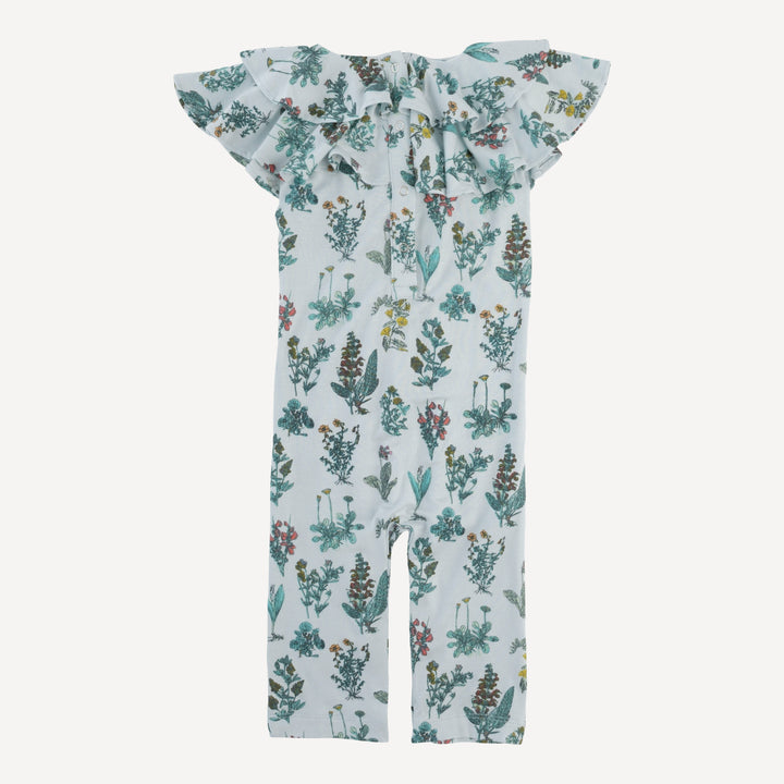 sleeveless double ruffle neck jumpsuit | blue litho floral | modal