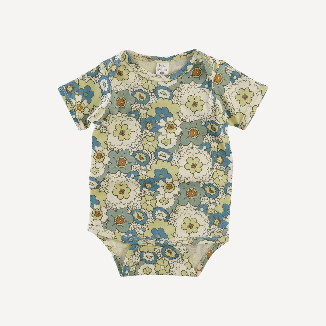 short sleeve lap neck bodysuit | blue mid-century floral | organic cotton jersey