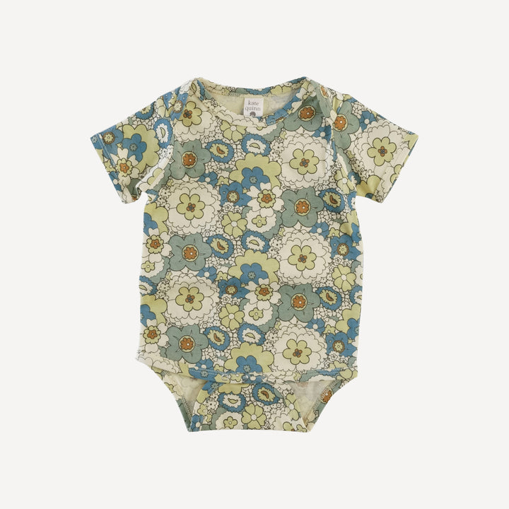 short sleeve lap neck bodysuit | blue mid-century floral | organic cotton jersey